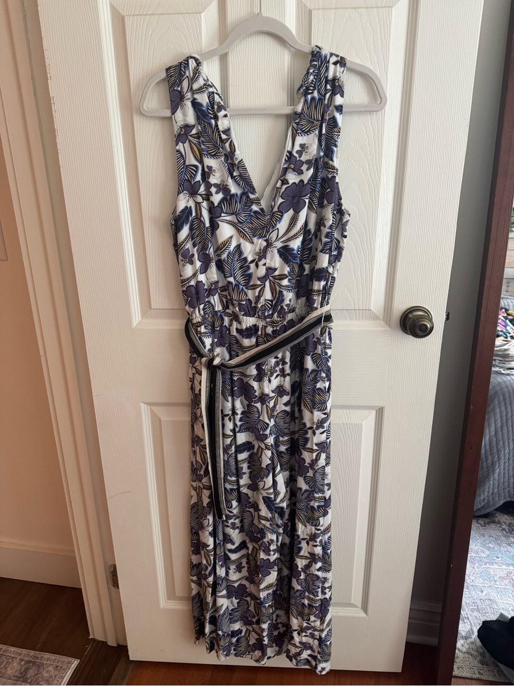 LOFT Navy and White Floral Sleeveless Romper with Striped Belt